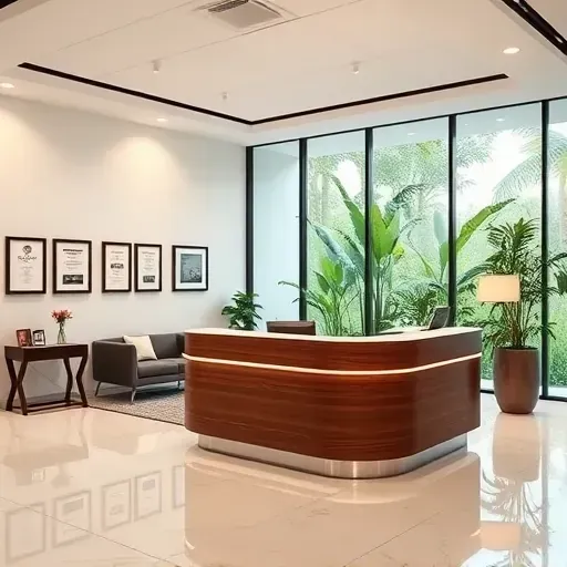 Modern health insurance office in Palm Beach Gardens with polished wood desk, ambient lighting, and serene green views.