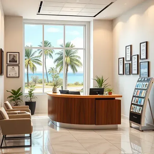 Modern health insurance office in Boynton Beach with polished reception desk, plant decor, and client seating areas.