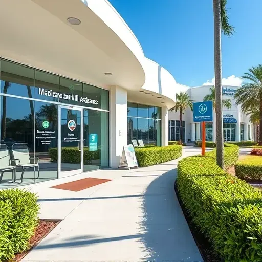 Modern Medicare Enrollment Assistance storefront in Pembroke Pines Florida with glass windows lush landscaping and sunny blue sky
