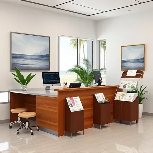 Health insurance office in Delray Beach with modern reception, polished wood, dual monitors, and tropical plants.