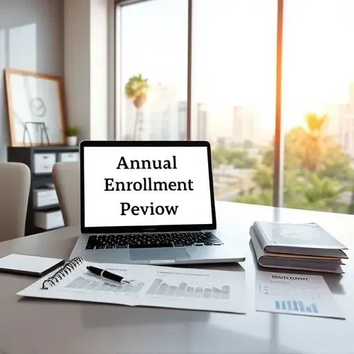 Modern office desk with closed laptop displaying Annual Enrollment Period Review, organized documents, charts, pen, sunny Pembroke Pines view