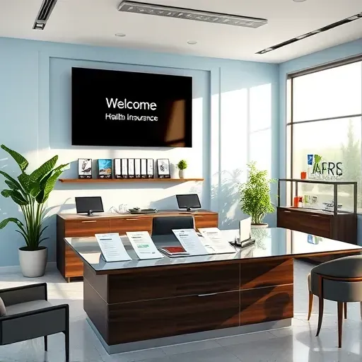 Modern Health Insurance office in Fort Lauderdale with sleek reception, brochures, logo display, and cozy seating.