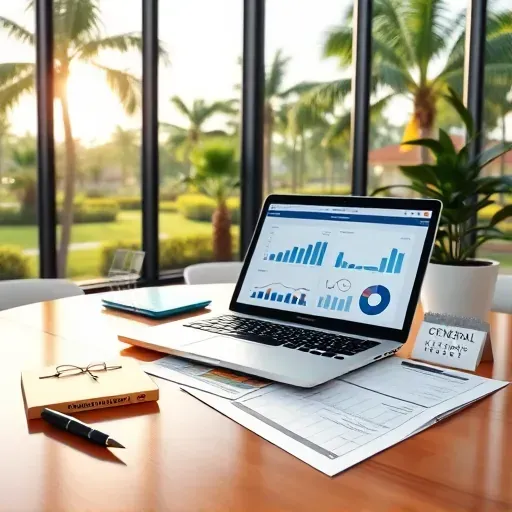 Organized desk with documents, laptop showing financial charts, calculator, health insurance brochure, in bright modern office with Florida neighborhood view