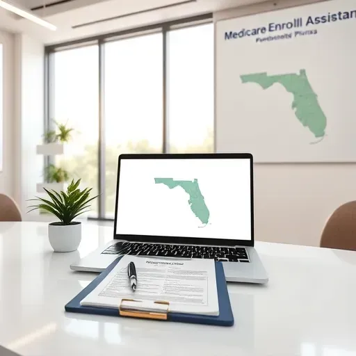 Modern office desk with laptop Medicare forms clipboard plant map and signage in bright professional workspace