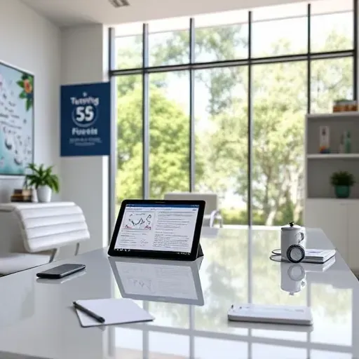 Modern office space in Pembroke Pines FL with sleek desk, digital tablet, natural sunlight, greenery, and professional branding.