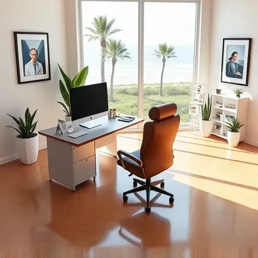 Modern West Palm Beach Medicare consultation office with sunny oceanview, polished hardwood, and organized healthcare displays