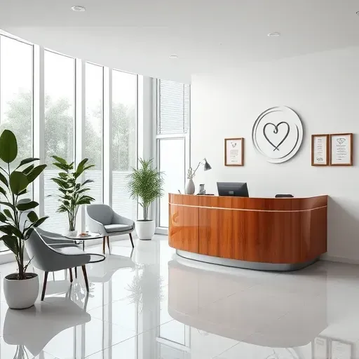 Health insurance office in Pembroke Pines FL featuring a modern reception area with polished wood desk and bright decor.