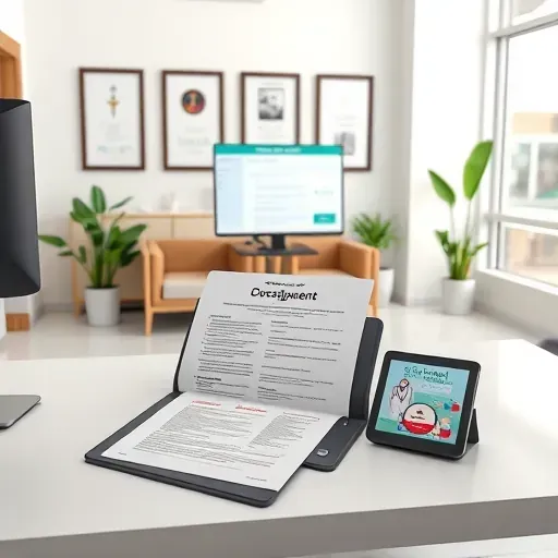 Completed Medicare Advantage Plan display in a modern Pembroke Pines healthcare office with desk, computer, brochures, and reception area