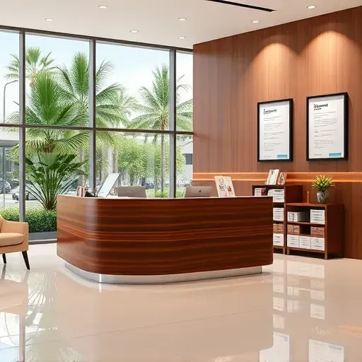 Health insurance office in Miami Lakes with modern reception area, polished wood furniture, and serene greenery view.