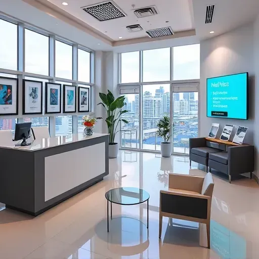 Modern health insurance office in Miami Gardens showcasing sleek furniture, vibrant skyline view, and wellness-focused decor.