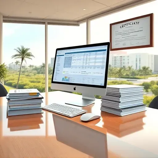 Modern medical office in Pembroke Pines FL with organized files, computer displaying claims data, large windows, and greenery outside