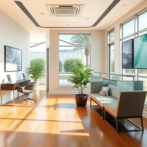 Modern health insurance office in Delray Beach featuring a sleek reception area with glass desk and calming decor.