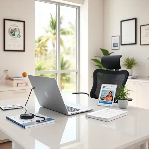 professional workspace for Medicare consultation in Pembroke Pines with modern desk, laptop, brochures, and sunny views