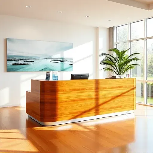Health insurance office in Palm Beach Gardens features inviting reception with modern desk, natural light, and wellness art.