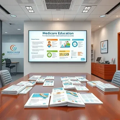 Modern medical education room in Pembroke Pines FL with digital Medicare infographic, brochures, and bright natural lighting