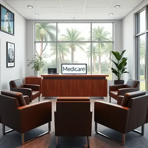 Modern healthcare office reception in Pembroke Pines Florida with wooden desk, leather chairs, large windows, and greenery outside