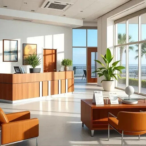 Modern Health Insurance office reception in Jupiter FL featuring sleek furniture, vibrant plants, and local art.