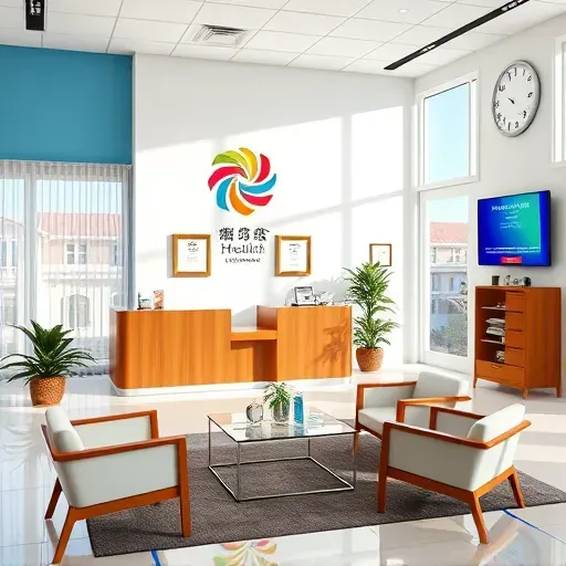 Modern health insurance office reception in Jupiter, FL with sleek desk, vibrant logo, and inviting seating area.