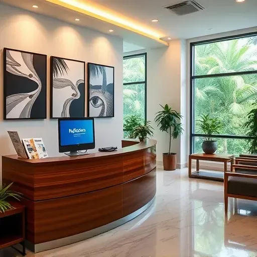 Modern health insurance office in Boca Raton with polished wood reception desk, state-of-the-art setup, and local artwork.