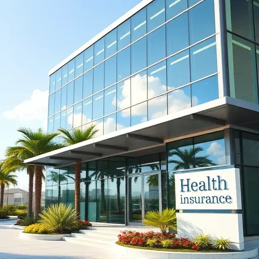 Health insurance office in Coral Springs FL features a modern glass and steel facade, landscaped gardens, and inviting entrance.