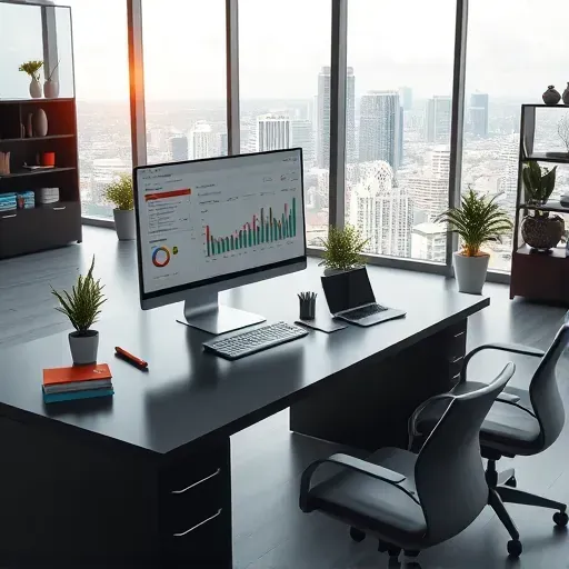 Modern office with sleek desk, computer displaying graphs, cityscape view of Pembroke Pines, FL, natural light and professional decor