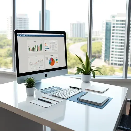 Modern Pembroke Pines insurance office with organized desk, computer displaying financial charts, greenery, cityscape view