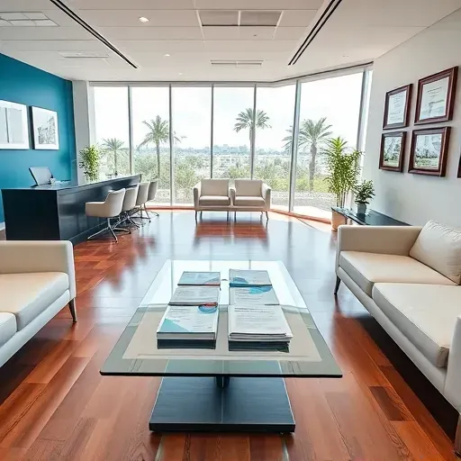 Health insurance office in Fort Lauderdale features modern reception with wood floors, blue accents, and natural light.