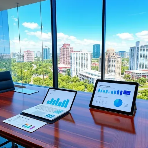 Modern office with documents, laptop, tablet showcasing employee benefits transition in Pembroke Pines Florida with cityview
