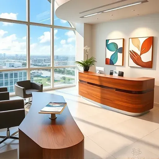 Health insurance office in Aventura FL with modern reception area, polished wood desk, brochures, and warm lighting.