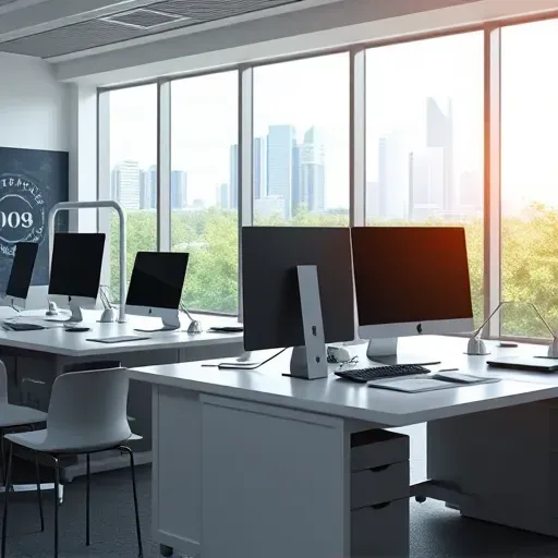 Modern office with sleek desks, organized documents, high-tech computers, large windows showing Pembroke Pines skyline and greenery