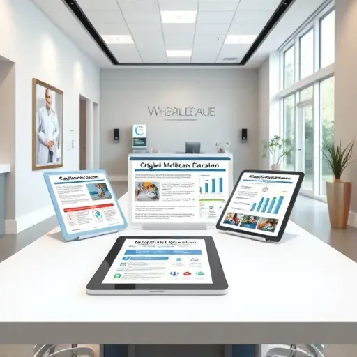 Modern healthcare display with brochures and digital tablets on Medicare education in a bright medical office