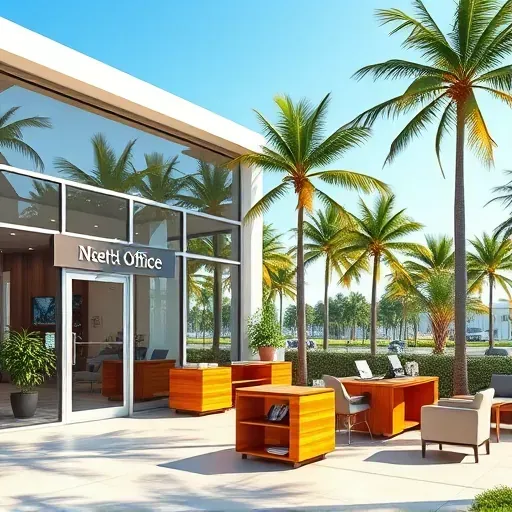 Health Insurance office in Florida City with modern design, tropical greenery, and inviting professional interior.