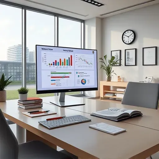 Modern Medicare Plan Optimization workspace with digital devices, charts, brochures, Florida decor, and professional office setting