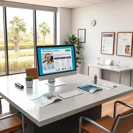 Organized healthcare consultation room in Pembroke Pines with modern desk, Medicare info, lush views, and welcoming decor
