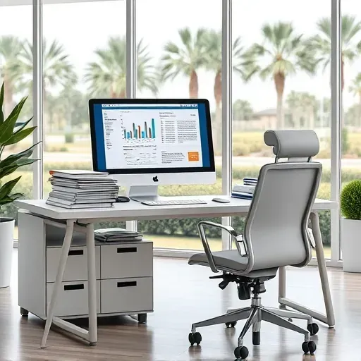 Organized Medicare Appeals workspace in Pembroke Pines with desk, computer, labeled folders, natural light, and professional office setting