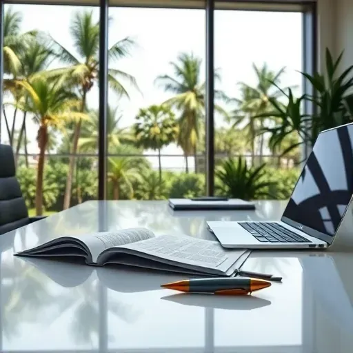 Modern office with organized documents, laptop, pen, natural light, palm trees view, conveying trust and professionalism for Long Term Care Insurance