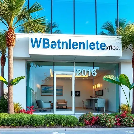 Modern health insurance office in Riviera Beach FL with glass windows, tropical landscaping, and professional signage.