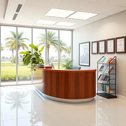 Health insurance office reception area in Davie FL featuring polished wood desk, brochures, sunny windows, and awards.