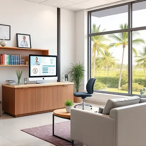 Modern Medicare consultation setup in Pembroke Pines Florida with a sleek office, organized files, computer charts, and sunny landscape