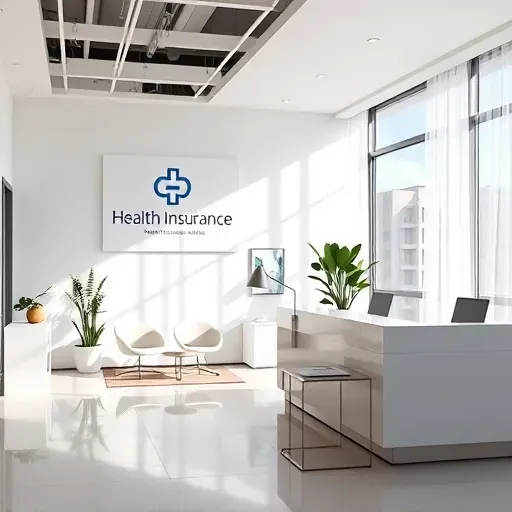 Modern Health Insurance office in Cooper City FL with sleek reception area, large logo, natural light, and health-themed artwork.