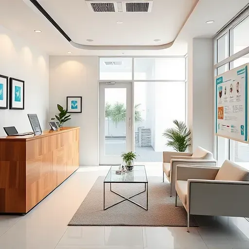 Modern health insurance office in Cooper City FL features polished wood reception desk, stylish seating, and natural light.