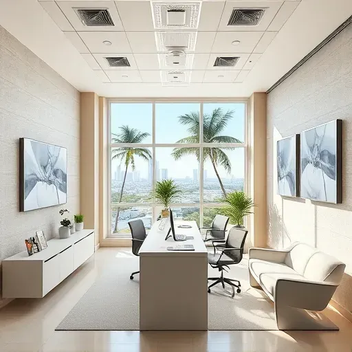 Health insurance office in Miramar FL featuring modern decor, organized space, and views of a vibrant cityscape.