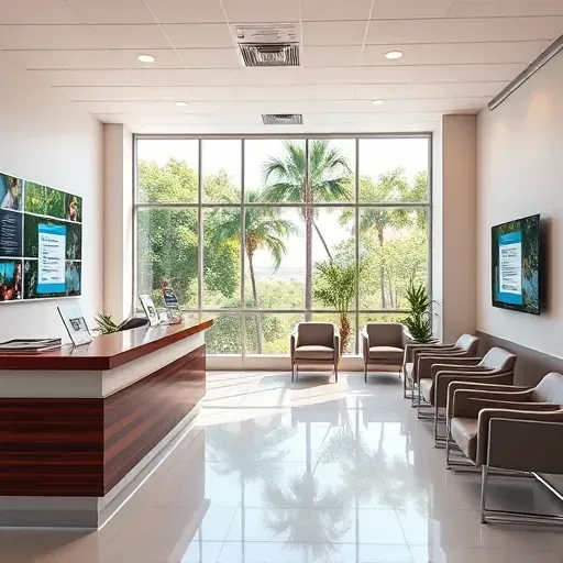 Modern healthcare consultation area in Pembroke Pines FL with reception desk, digital screens, seating, and sunny outdoor view