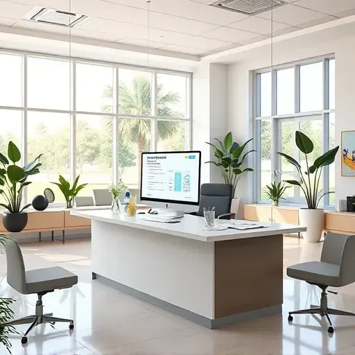 Well-organized medical office reception in Pembroke Pines with modern desk, Medicare info, natural light, neutral decor, and coastal accents