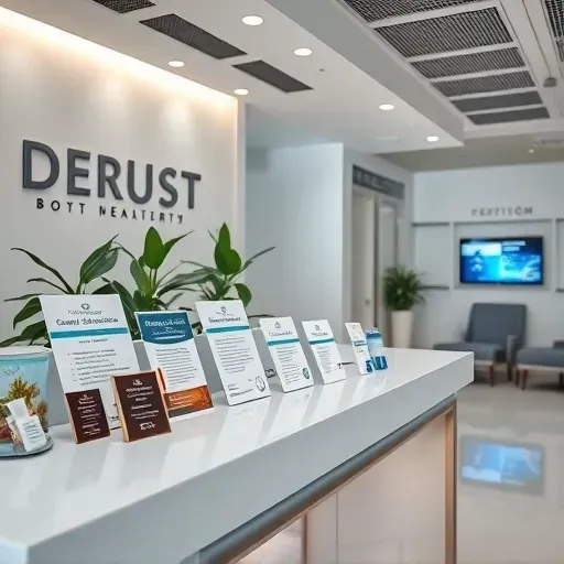 Dental and vision care products brochures certificates displayed on modern counter in a clean bright clinic reception with seating plants and signage