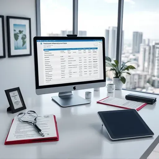 Modern office scene in Pembroke Pines with computer, paperwork, Medicare documents, digital tablet, city view, natural light