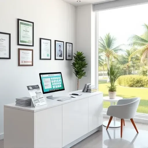 Professional medical consultation room in Pembroke Pines FL with modern desk, health brochures, and inviting decor.