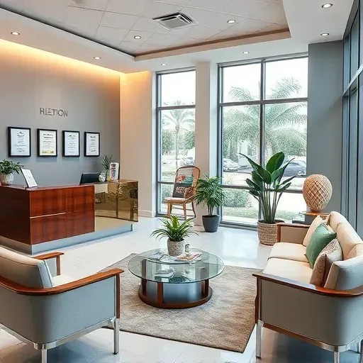 Modern health insurance office in Plantation FL with sleek furniture, natural light, and calming decor.