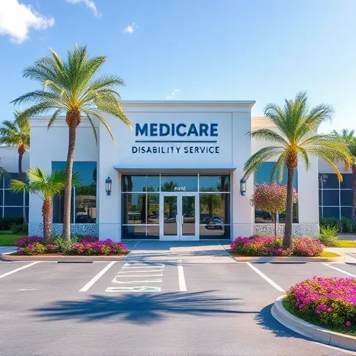 Modern healthcare facility exterior in Pembroke Pines Florida with Medicare and disability support signage, lush landscaping, accessible parking, and bright sunny day