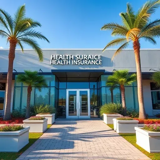 Health insurance office in Sunrise FL featuring modern architecture, large windows, palm trees, and a welcoming entrance.
